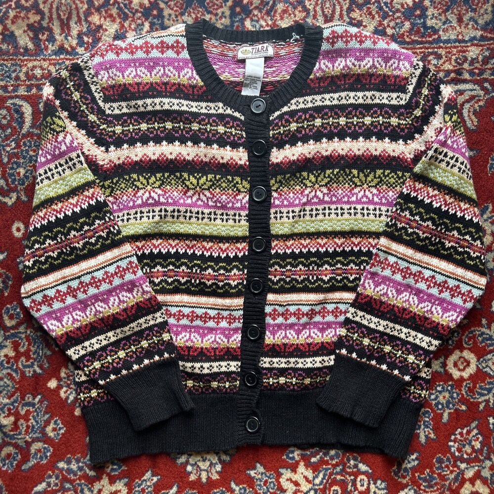 Tiara International Fair Isle Cardigan Sweater Women's Large Cottagecore